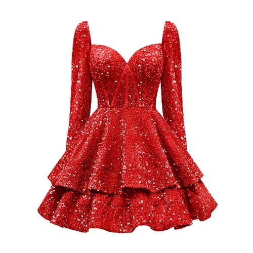 GUKARLEED Sequin Homecoming Dresses for Teens Long Sleeve HOCO Party Gowns Tiered Sparkly Sweetheart Neck Short Prom Dresses
