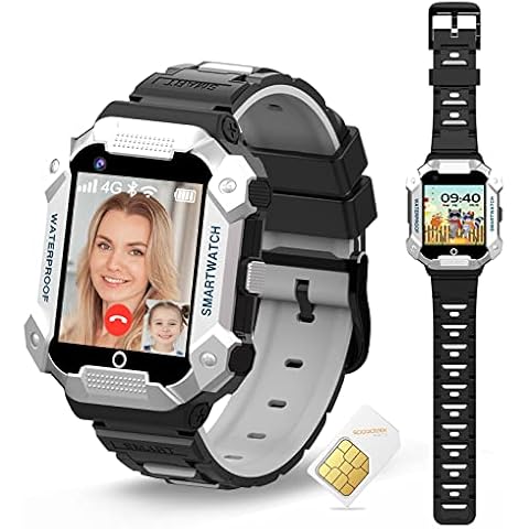 PTHTECHUS 4G Kids Smart Watch, Watch with SIM Card WiFi GPS Tracker,Video Calling,Voice Chat,School Mode SOS Emergency Alarm Camera Phone Smartwatch for Girls Boys Silver Cover