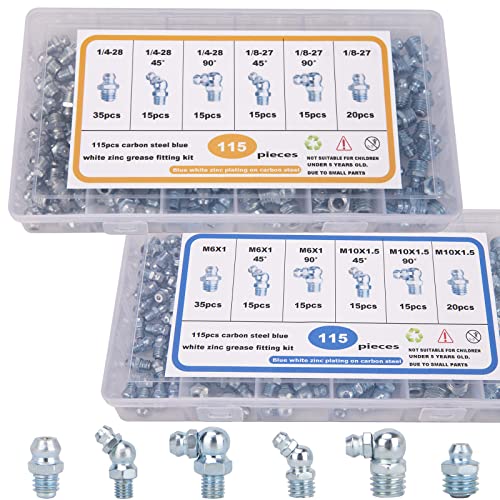 Image of Grease Fittings - 230-Piece SAE & Metric Grease Fittings Kit - 1 /4 inch, 1 /8 inch, M6, M10 - Straight, 45 & 90 Zerk Assortment - Replace Missing or Broken Grease Fittings