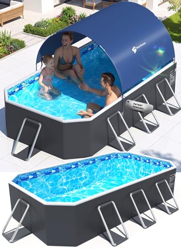 Image of StarOcean Foldable Pool with Canopy,Non Inflatable Pool,Large Foldable Swimming Pool for Adult Portable Pool,Large Collapsible Kid Pool with Shade,Folding Kid Pool for Backyard,88x48x19 in-Dark Blue