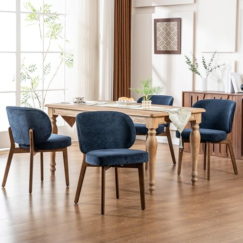 Image of YOUNIKE Dining Chairs Set of 4 Modern Kitchen Dining Room Chairs Navy Blue | Chenille Fabric Upholstered Armless Side Accent Chair with Back Wide Padded Seat Wooden Leg, Soft, Breathable, Comfortable