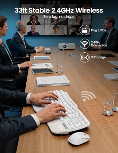 Image of White Ergonomic Wireless Keyboard and Mouse Combo, 2.4G Full Size Ergo Wave Key Board with Cushioned Plam Rest, Natural Typing, 3 DPI Adjustable Silent Mouse for Computer /Laptop /Windows /Mac - Sablute