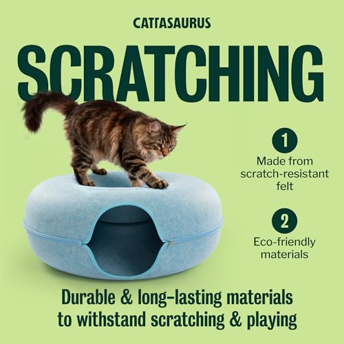 Image of Cattasaurus Peekaboo Cat Cave Donut for Multiple & Large Cats up to 30-45 lbs, 3-in-1 Self Warming Cat Bed, Tunnel & Scratcher for Indoor Cats, Washable & Detachable Small Dog Bed (Blue, Jumbo)