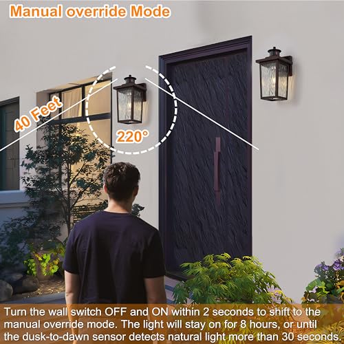 Image of Oil Rubbed Bronze Motion Sensor Outdoor Wall Light Fixture 2 Pack, Dusk to Dawn Outside Lights with Clear Water Glass, Outdoor Wall Light for House Entryway Garage