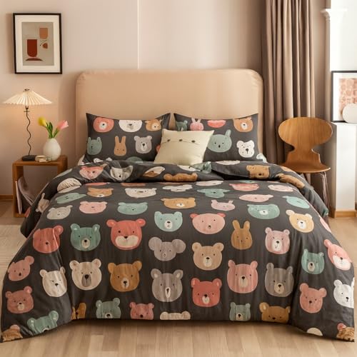 Image of 200 GSM 400 TC Kids Glace Cotton Reversible Cartoon Printed Double Bed King Size Comforter with Matching Bedsheet 90x100 Inches with 2 Pillow Covers Set of 4 Pieces- Grey Teddy