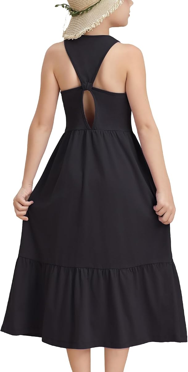Girls Summer Maxi Dress Sleeveless Back Detailed Tiered Sundress with Pockets 5-12 Years