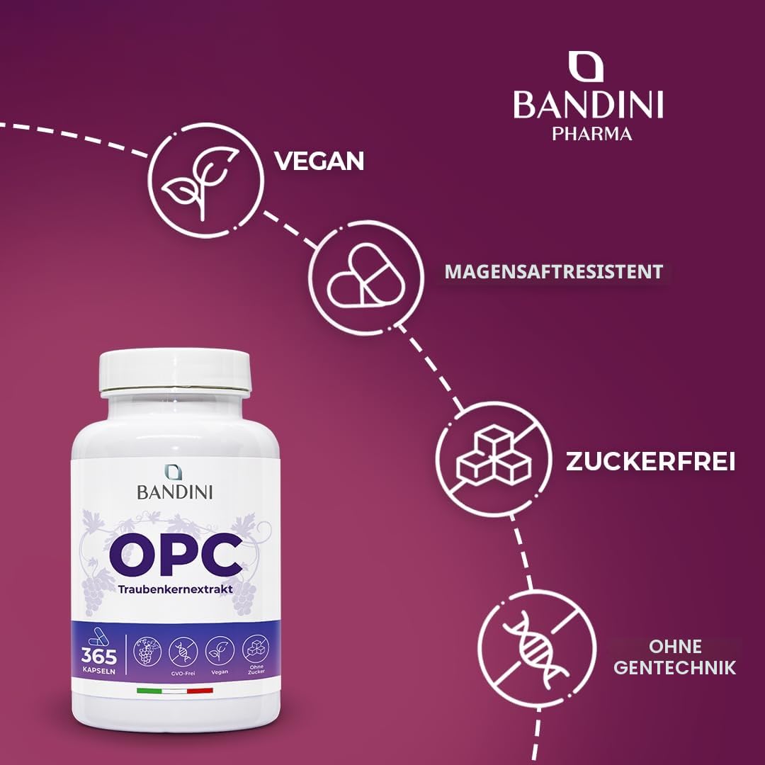 Bandini® OPC Traubenkernextrakt 365 Kapseln | Hochdosiert mit 1076mg je dosis | Höchster Gehalt nach HPLC | Aus italienischen Weintrauben | 1052mg Extrakt mit 999,4mg OPC + 24mg Vitamin C | 6 Monate