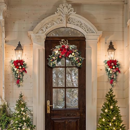 Valery Madelyn Pre-Lit Christmas Teardrop Swag for Decorating Outdoor, 24 Inch Mailbox Swag Decoration with 20 LED Lights, Red Gold Ball Ornament Ribbon for Front Door Stairway Window Xmas Decor by Valery Madelyn - Image 2