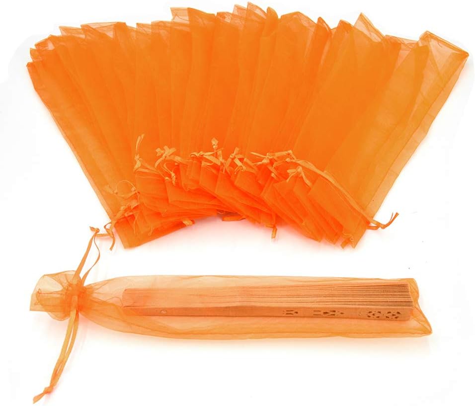 50Pcs Orange Hand Fan Organza Bags, 2x10 Inches Sheer Halloween Drawstring Pouches Folding Fan Gift Bags for Packaging Wedding Party Favor