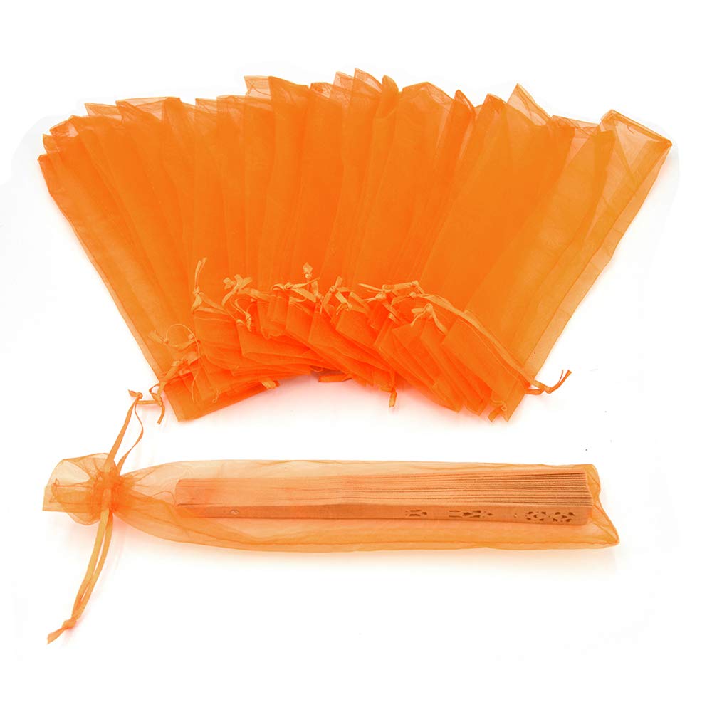 50Pcs Orange Hand Fan Organza Bags, 2x10 Inches Sheer Halloween Drawstring Pouches Folding Fan Gift Bags for Packaging Wedding Party Favor