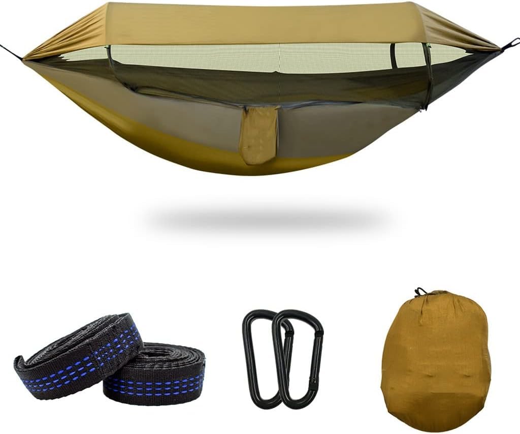 Tazweeq Camping Hammock with Mosquito Net and Sunshade, 2.9m x 1.4m Extra Large for 2 Person, Lightweight Hanging Hammocks Tree Straps (Army Green)