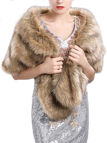 EASEDAILY Women's Fur Shawls and Wraps Wedding Scarf Faux Bridal Stole With Brooch for Brides and Bridesmaids