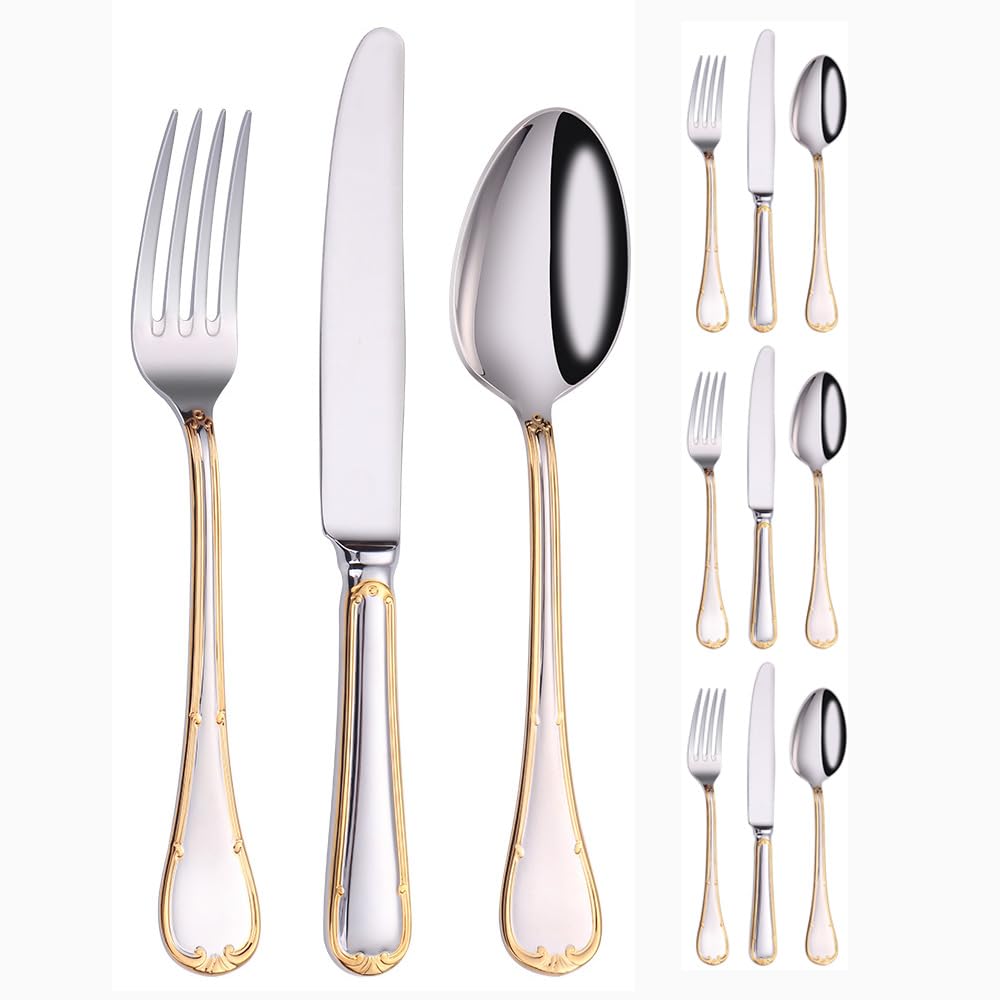 Oro Cerchiato Manico Dorato Cucina Acciaio Inox Argenteria Stoviglie Posate Set Bistecca Coltello Forchetta Cucchiaio Cucchiaino (12 pezzi)
