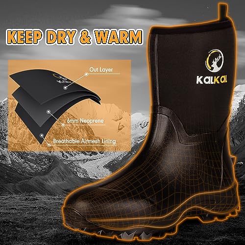 Kalkal Rubber Boots for Men, Waterproof Mid Calf Mens Rubber Rain Boots with 6mm Neoprene, Insulated Work Mud Boots for Men Working Farming Fishing, Size 5-144