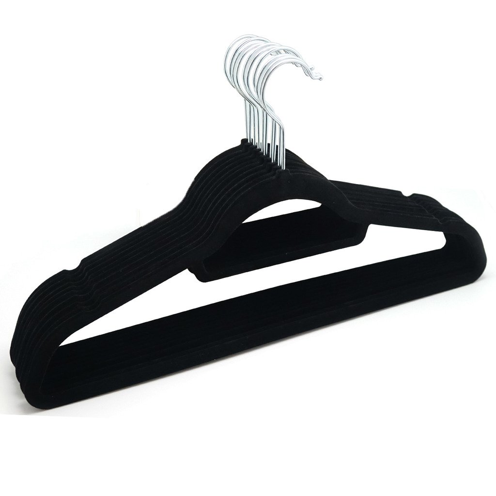 10 BLACK NON SLIP LUXURY FLOCKED COAT HANGERS VELVET CLOTHES TROUSER HANGING SPACE SAVING