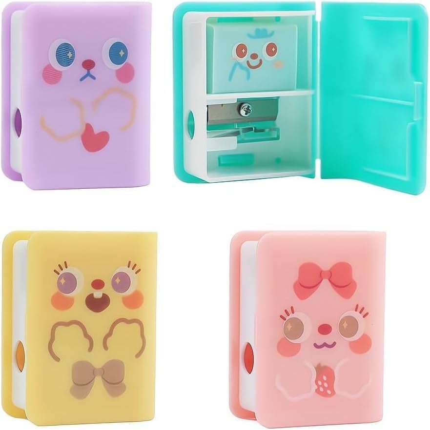 4Pcs Cute Dual Purpose Book Pencil Sharpener Eraser, Cute Cartoon Student Eraser Pencil Sharpener Office Supplies Writing and Correction Supplies