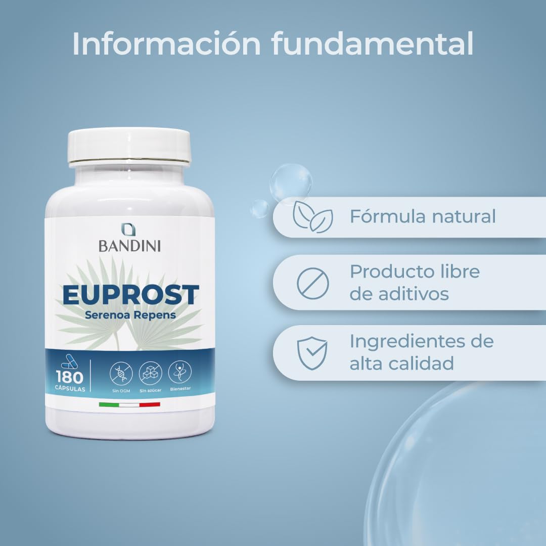 Bandini® Euprost Saw Palmetto 180 Cápsulas | Serenoa Repens con Semillas de Calabaza, Ortiga, Zinc, Vitamina D3 y B6 | Palma enana para Hombres | Extracto 20:1 estandarizado al 30% en ácidos grasos