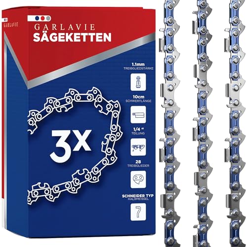 GARLAVIE 3er Set Kettensägekette 10 cm – 1/4' LP, 1,1 mm, 28 TG – Ersatzkette für Mini-Kettensäge & Akku-Säge kompatibel mit GTA 26 & Ferrex