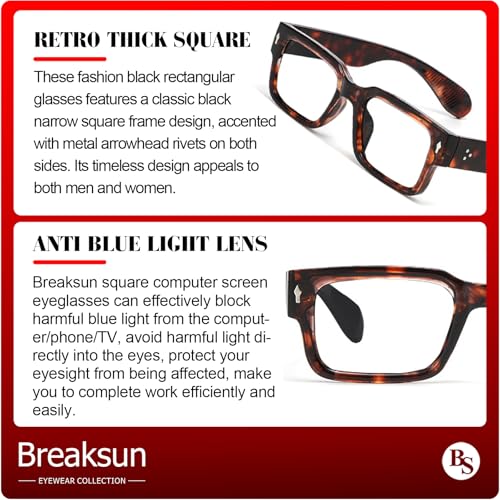 Image of Breaksun Rectangle Glasses for Men Women Square Blue Light Glasses Thick Frame Black Eyeglasses