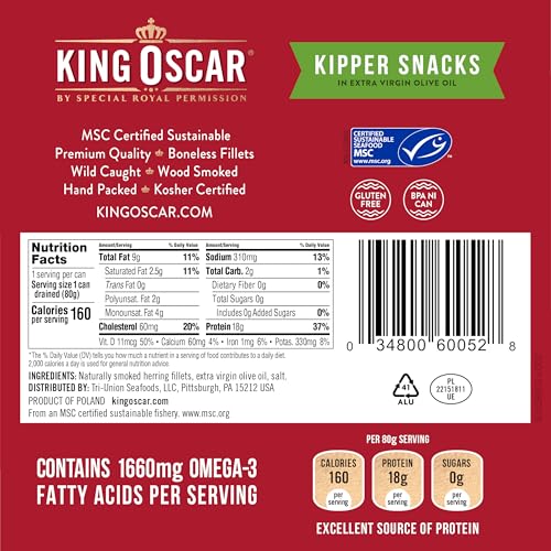 Image of King Oscar Kipper Snacks in Extra Virgin Olive Oil, 3.54 Ounce Cans (Pack of 12), Lightly Smoked Herring Fillets, Wild Caught Canned Herring