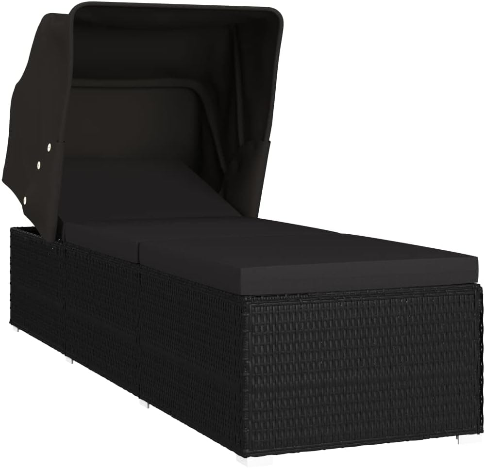 Sun Lounger with Canopy and Cushion,Outdoor Lounge Chairs,Outdoor Daybed,Sunbathing Recliner,Sunbathing Chair,Sun Lounge Bed,Outdoor Bed,for Beach,Patio,Backyard, Poly Rattan Black