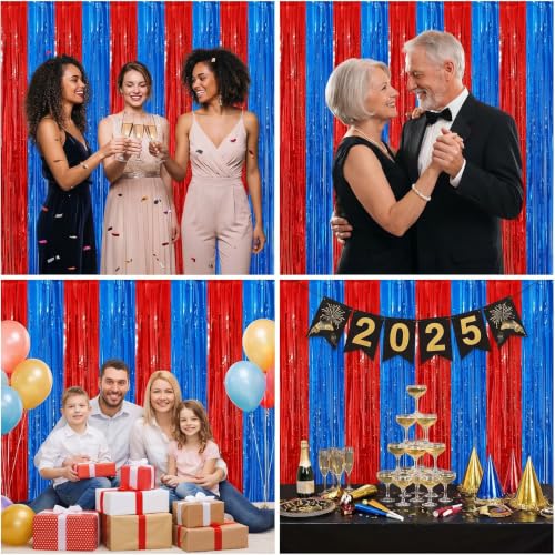 Image of 2Pack Red Blue Metallic Tinsel Foil Fringe Curtains, Blue Door Streamers Photo Booth Backdrop for Birthday Party, Tinsel Curtain Backdrop for Baby Shower Bachelorette Xmas Party Decorations