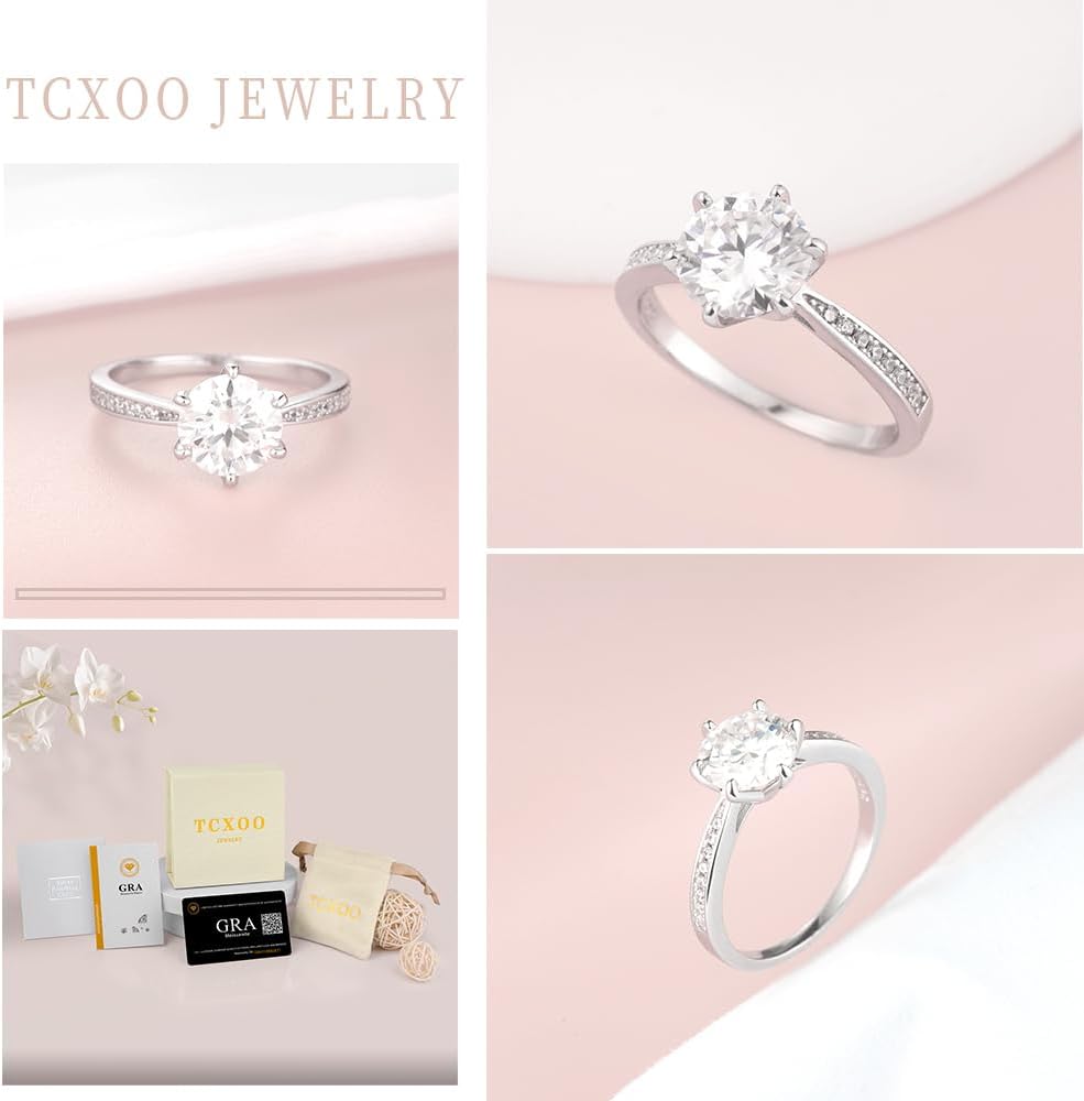 Moissanite Engagement Ring for Women, 925 Sterling Silver Wedding Ring Moissanite 2CT Round D Color VVS1 Promise Wedding Band Ring