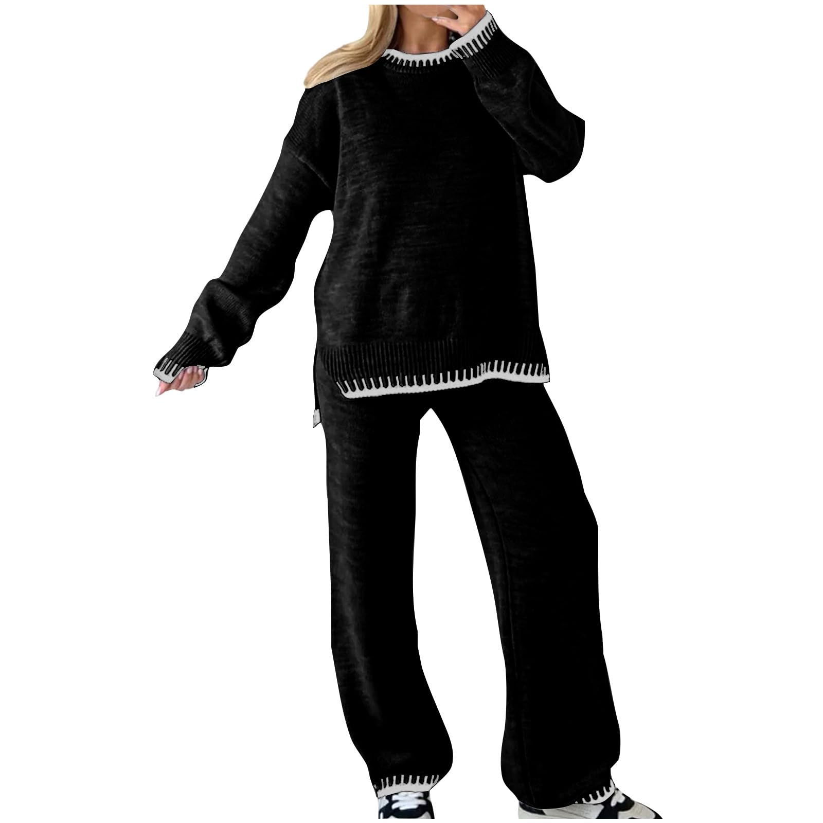 Tuta da donna Set completo maglione a maniche lunghe e pantaloni a gamba Wige Set Lounge Set da donna Casual Tinta unita Plus Size Homewear Co Ord Set Womens Loungewear Allentato Primavera 2 pezzi
