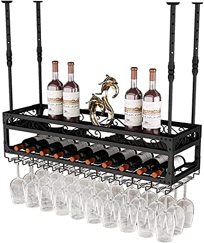 Estante de Hierro para Botellas de Vino de 2 Niveles, con Soporte para Copas y Estante, Barra de Techo de Metal Ajustable, para Montar en la Pared, Color Negro, 80 x 30 cm (Negro, 60 x 30 cm