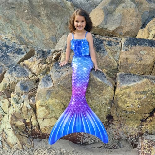 Mermaid Tail for Girls Swimming Costume with Bikini Set, Colorful Mermaid Swimsuit for Kids, Breathable Fabric (No Monofin Included)