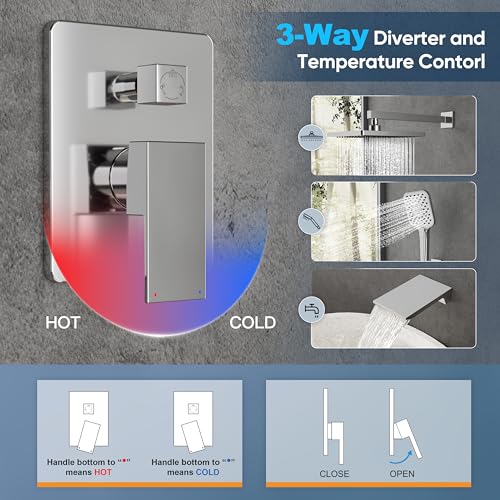 Image of Gabrylly Shower System with Tub Spout, Wall Mounted Tub Shower Faucet Set for Bathroom with High Pressure 10 inch Rain Shower head and 3-Setting Handheld Shower Head Set,Chrome