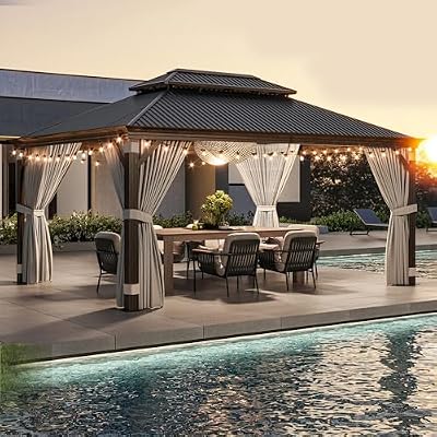 BELLEZE 12 x 16ft Hardtop Gazebo, Widen Pole Outdoor Canopy, Aluminium Frame Galvanized Steel Double Roof Waterproof Gazebo Tent with Nettings and Curtains for Patio, Backyard, Deck, Lawns, Garden