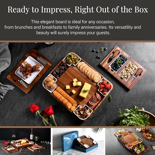 Shanik Upgraded Acacia Cheese Board Set, Square Shaped Charcuterie Set, Cheese Platter, Handcrafted Design and Stainless Steel Cutlery Set - Gift for Any Occasion No Engraving - Image 4