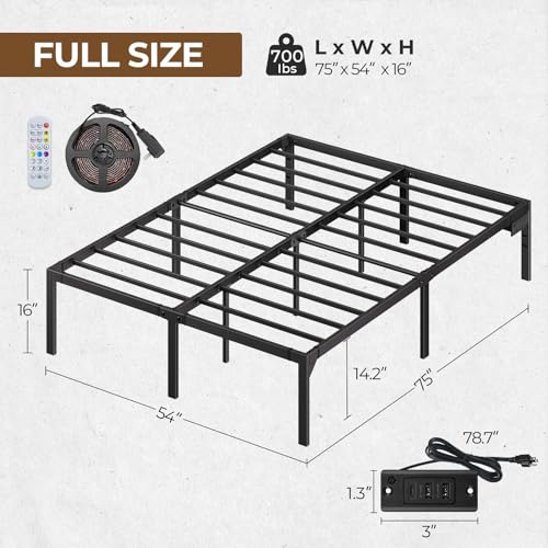 image for Rolanstar Bed Frame with USB Charging Station, Full Bed Frame with LED