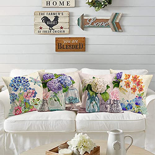 Qinqingo 4 Pack Vintage Romantic Flower Throw Pillow Covers French Style Hydrangea Flowers With Dragonfly Print Decorative Pillow Case Cotton Linen Rustic Farmhouse Pillow Case 18X18 Inch #TOP1