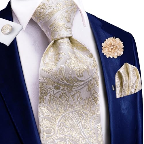 Image of Hi-Tie Men Silk Ties Set with Flower Lapel Pin Necktie Pocket Square Cufflinks for Tuxedo Wedding Business