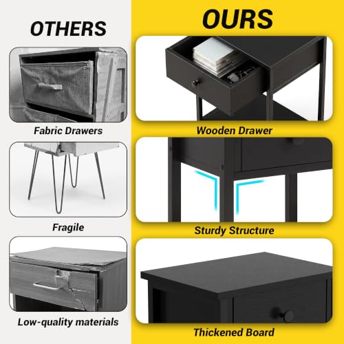 Image of Nightstands Set of 2 with Drawers and Storage Shelves, Modern Bedside Table with Steel Frame, Wood Night Stand End Side Table for Bedroom Small Spaces, Black