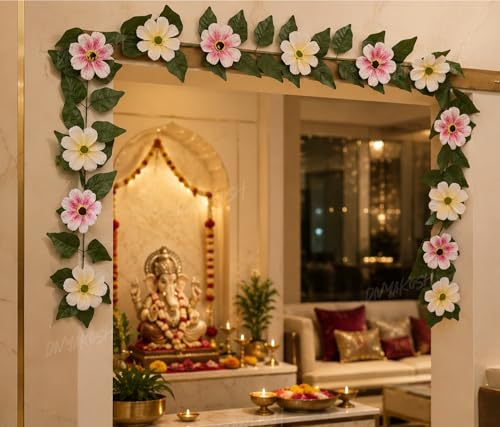 Image of Divyakosh Mango Leaf Vine /Creeper (6.5 Ft) with Cosmos Flowers for Door Entrance Decor | Artificial Flowers Garland,Thoran | Festive Puja Wall Hanging for Diwali Navratri Ganpati Home Decor