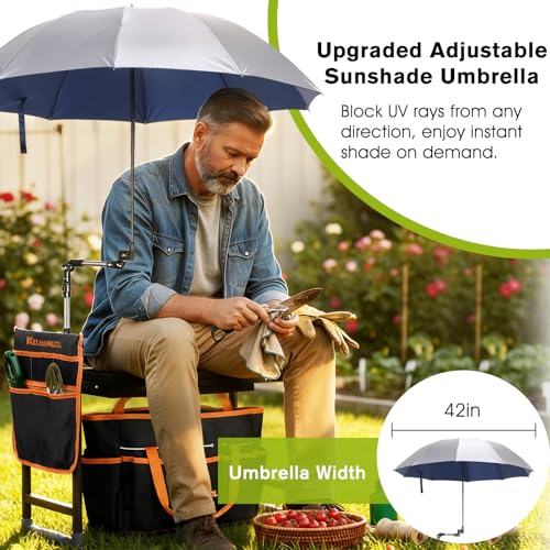 Garden Kneeler and Seat with Umbrella, 2-in-1 Foldable Gardening Stool with Adjustable Bracket, Detachable Tool Bags, Heavy Duty Kneeling Pad for Gardening (Black Orange) - Image 4