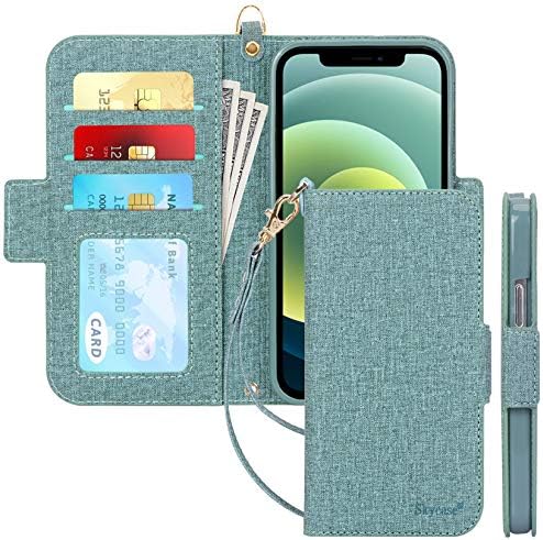 Skycase iPhone 12/12 Pro 6.1" 5G Wallet Case: RFID Blocking, Handmade Flip Folio, Card Slots, Detachable Strap, Green