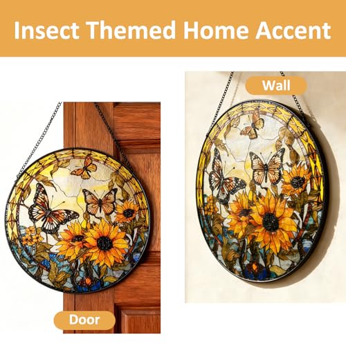 image for LOTIKOU 9.84'' Sunflower Stained Glass Window Hanging, Butterfly Stain