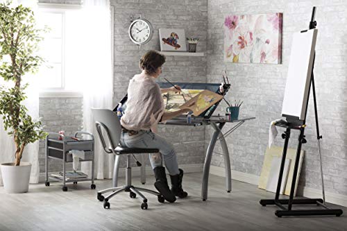 Sd Studio Designs 10095 Futura Station With Folding Shelf Top Adjustable Drafting Craft Drawing Hobby Table Writing Studio Desk With Drawer, 35.5'' W X 23.75'' D, Silver/Blue Glass #TOP1