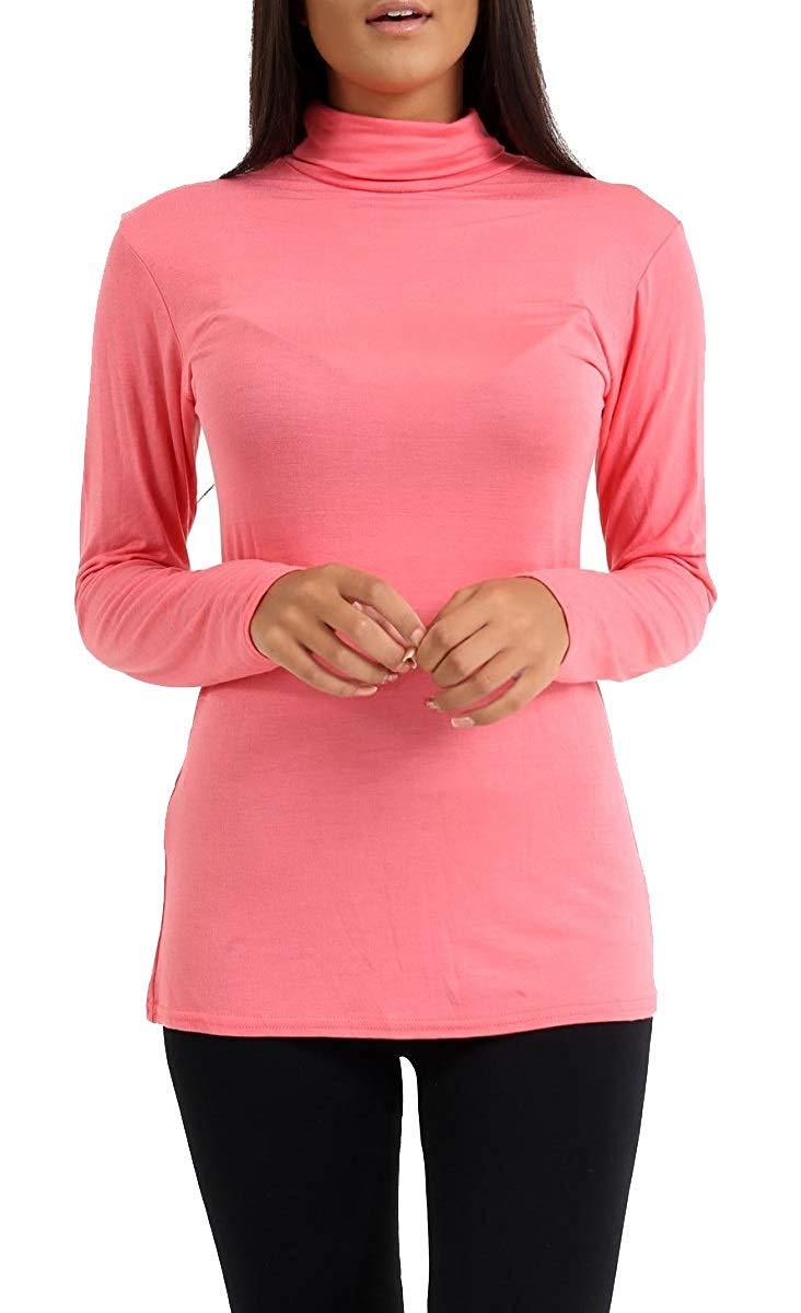 EMRE FASHION® Women's Polo Roll Neck Long Sleeve Turtle Neck Jumper - Ladies Plain Mockneck Casual Top (Coral, 16-18)