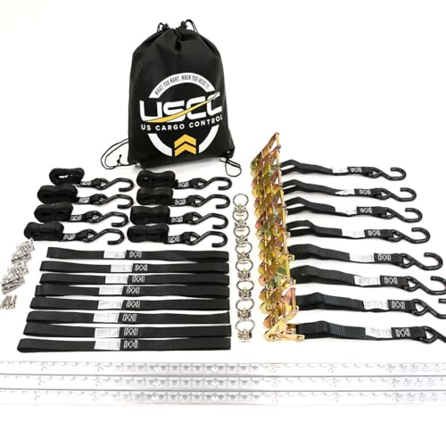 US Cargo Control 6 Foot Double Motorcycle Tie Down System with Aluminum L-Track, Complete Trailer Tie Down System for Motorcycles & ATVs, Includes L-Track Components and 12 Motorcycle Tie Down Straps