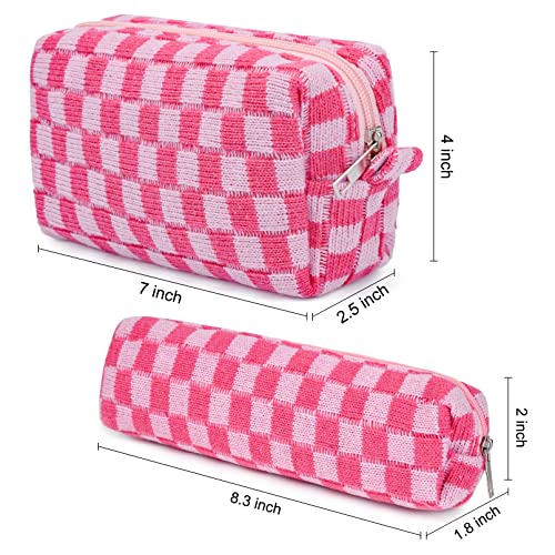 Soidram Makeup Bag Checkered Cosmetic Bag Pink Makeup Pouch 1Pcs Large Capacity Makeup Bags And 1Pcs Pencil Case Makeup Brushes Storage Bag Travel Toiletry Bag Organizer #TOP2