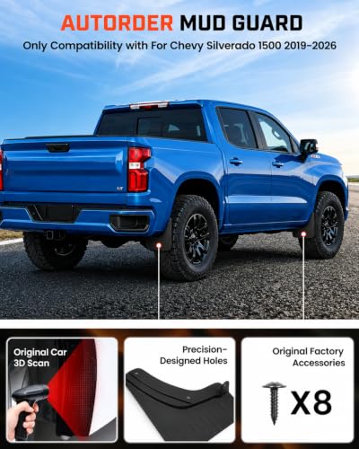 Image of Autorder Mud Flaps Splash Guards for 2019-2026 Chevrolet Silverado 1500 Accessories(ZR2, LT Trail Boss, Custom Trail Boss) No Drill Mud Guard Front Rear Mudflap Flexible ABS Thermoplastic Set 4PCS
