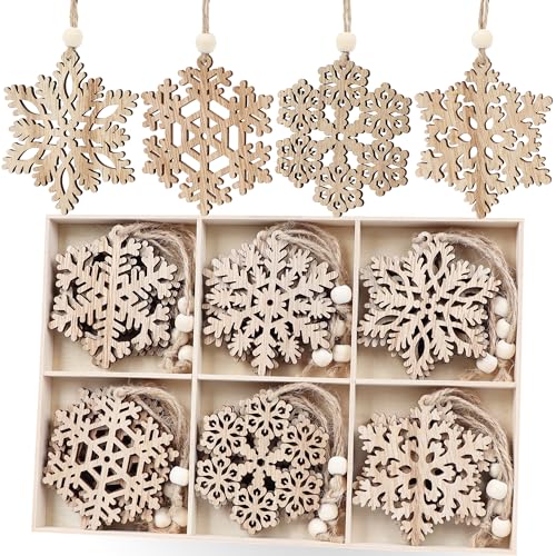 Iamhoom 24pcs Rustic Snowflakes Christmas Ornaments 3inch Unfinished Wooden Snowflake Ornament for Crafts Christmas Tree Boho Decor Gift Tags