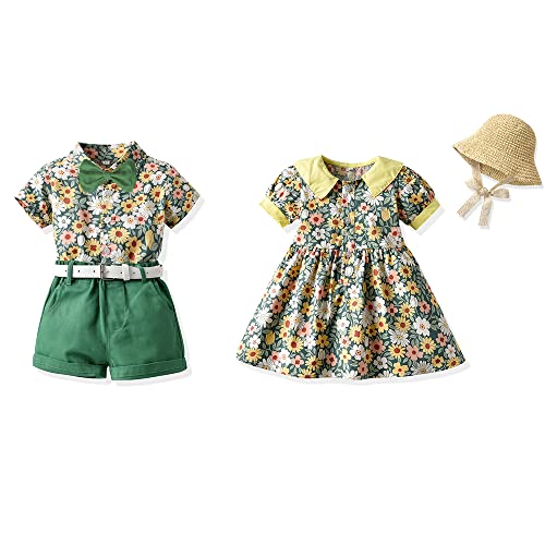Image of FAXSON Summer Brother and Sister Matching Outfits Toddler Boys Gentleman Suits Infant Girls Dresses
