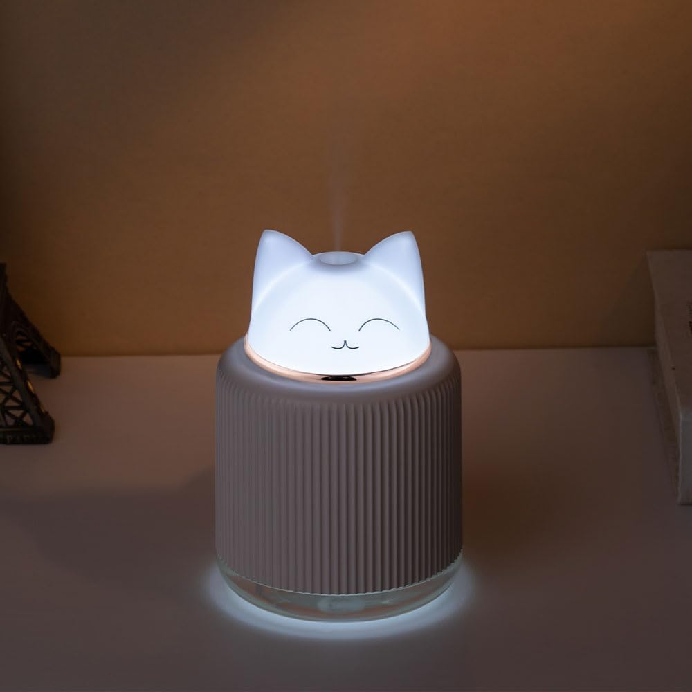 YUCHAO WONDER Mini nawilżacz - uroczy nawilżacz z kocią mgłą do sypialni dziecięcej, mały ultradźwiękowy nawilżacz do domu, samochodu, biura z USB 2 kolorami LED, bezwodny, automatyczne wyłączanie