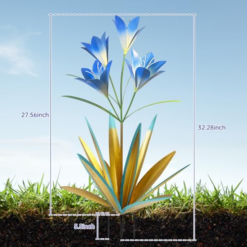 Image of TOMBABY 32.28 Inch Metal Agave Plant Outdoor Decoration Lily Mexican Yard Art Garden Gift Home Decor Hand Painted Metal Agave Garden Yard Statue (2pc, Blue)